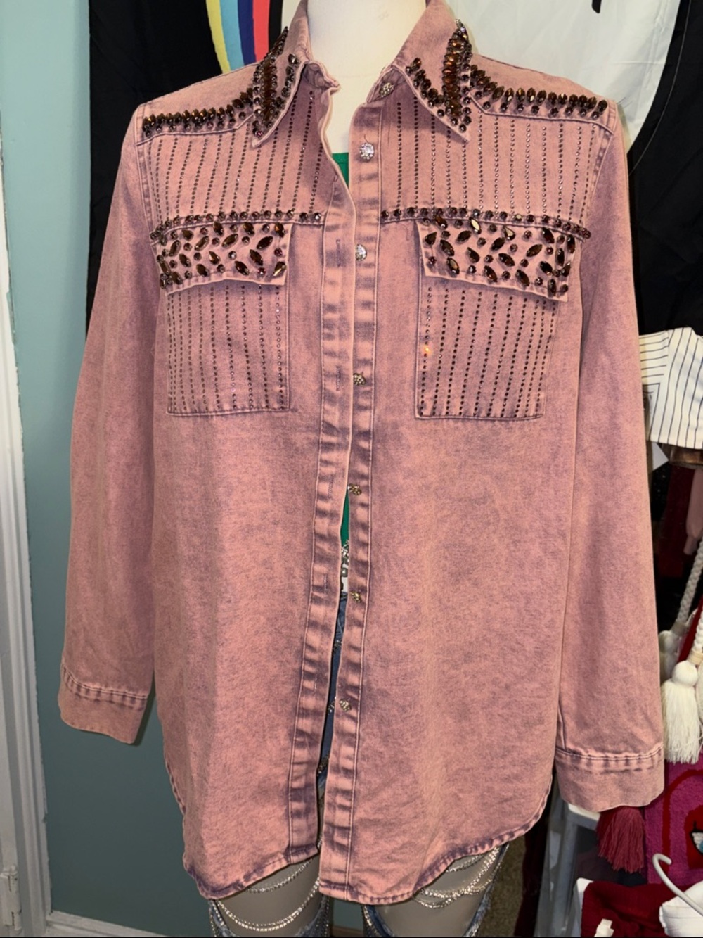 Embellished Pink Button-Down Shirt Jacket